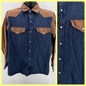 FORGE Workwear Men's Western Denim Pearl‎ Snap Shirt Blue Brown Contrast Size M